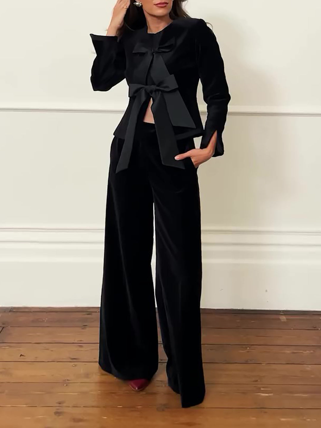 Black Velvet Bow Jacket & Wide-leg Pants Suit