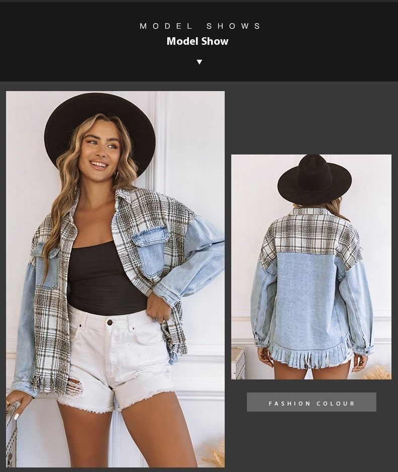 Plaid Patchwork Tassel Flap Pocket Denim Jacket