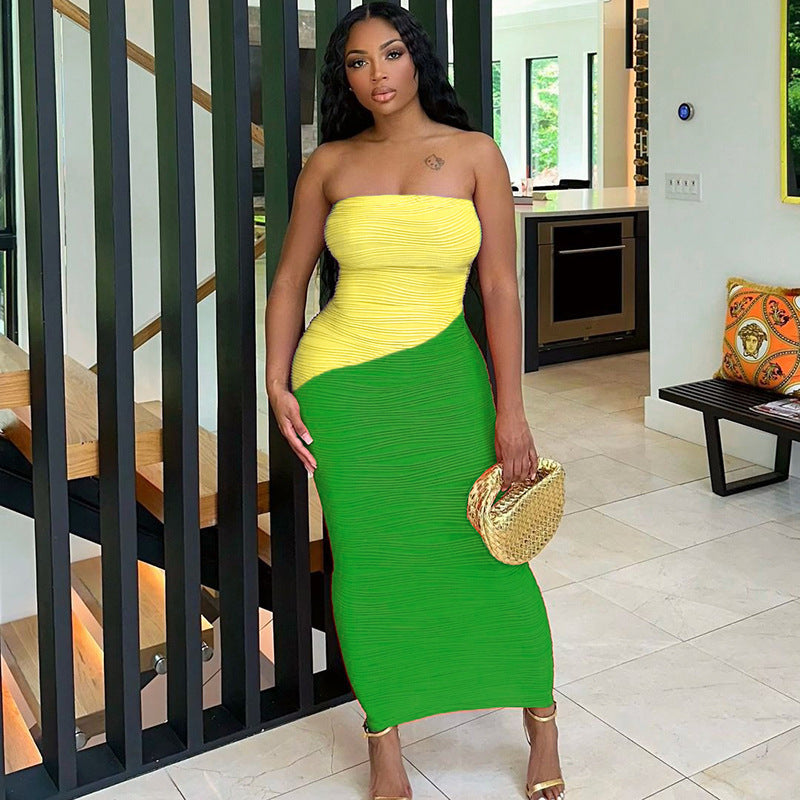 Fashion Elegant Bodycon Contrast Color Tube Top Dress