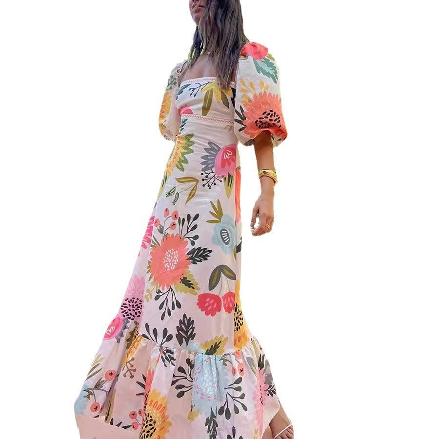 Casual Off-neck Printed Lantern Sleeve Dress