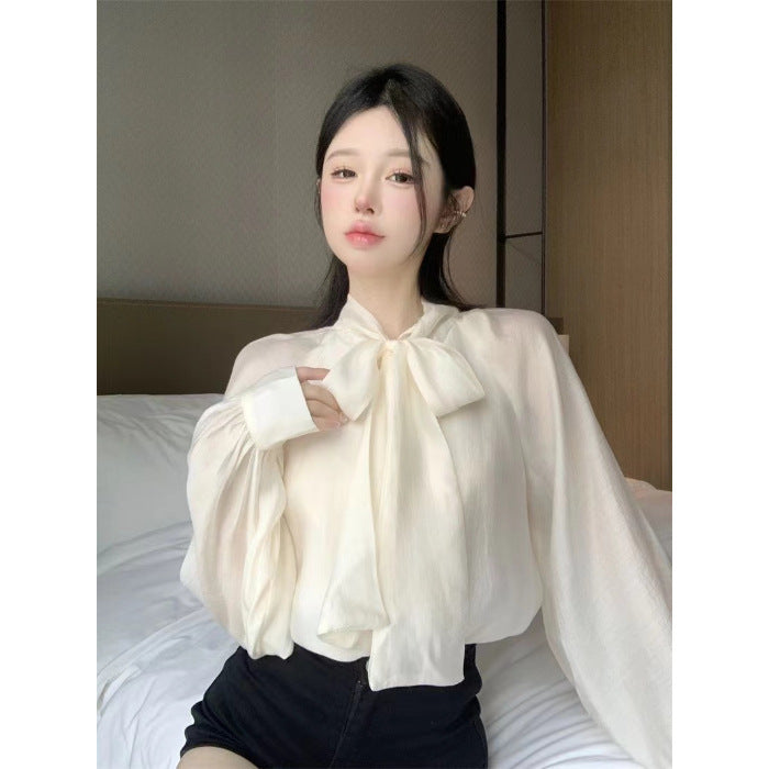 French Style Temperament Tie Bow Loose And Stylish Long Sleeves top