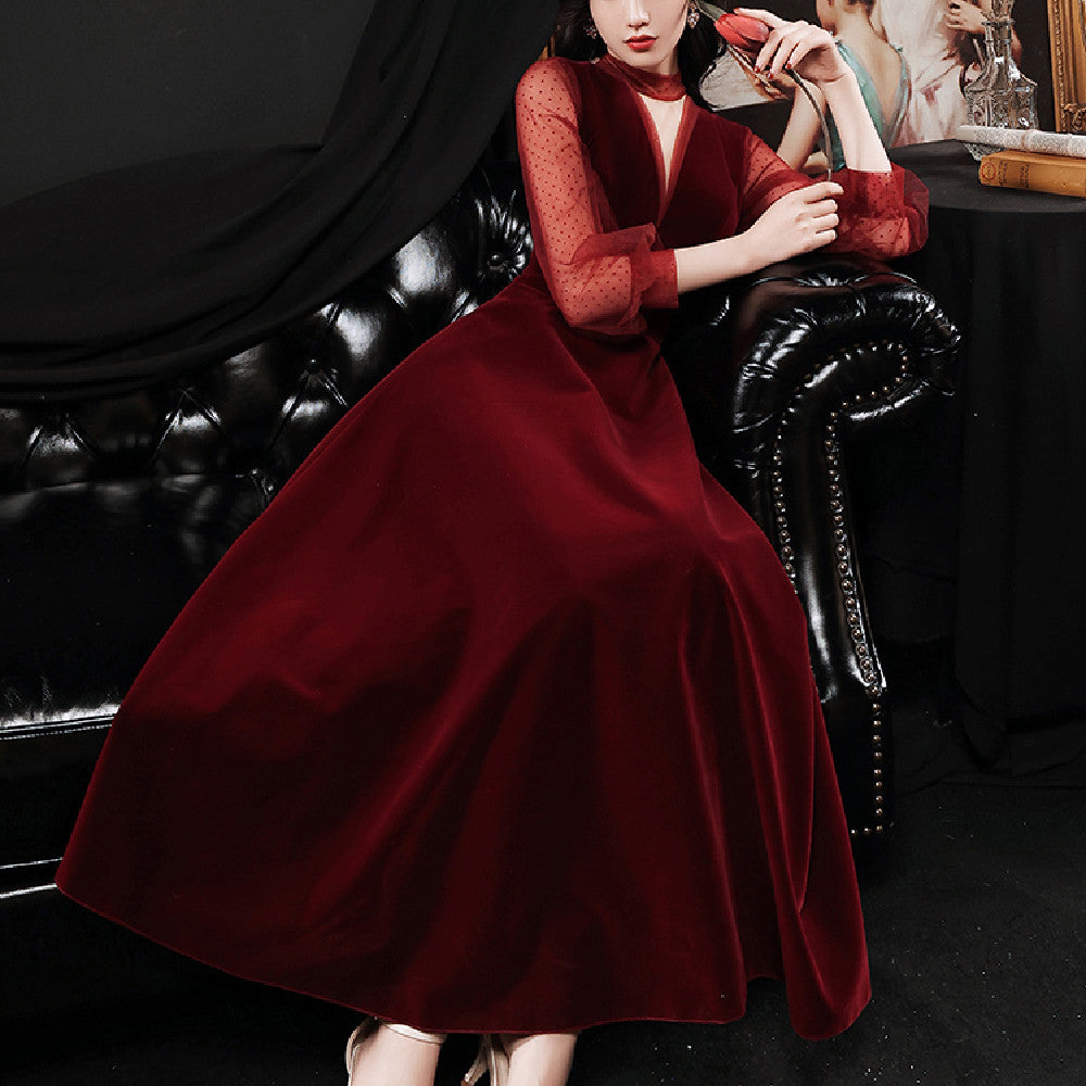 Women's Velvet Wine Red Banquet Dress