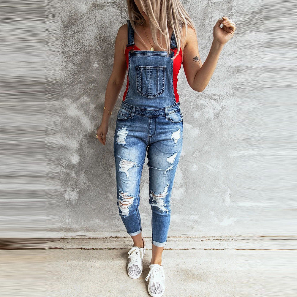 Summer New Style Women's Fashion Ripped Elastic Jeans Strap Trousers