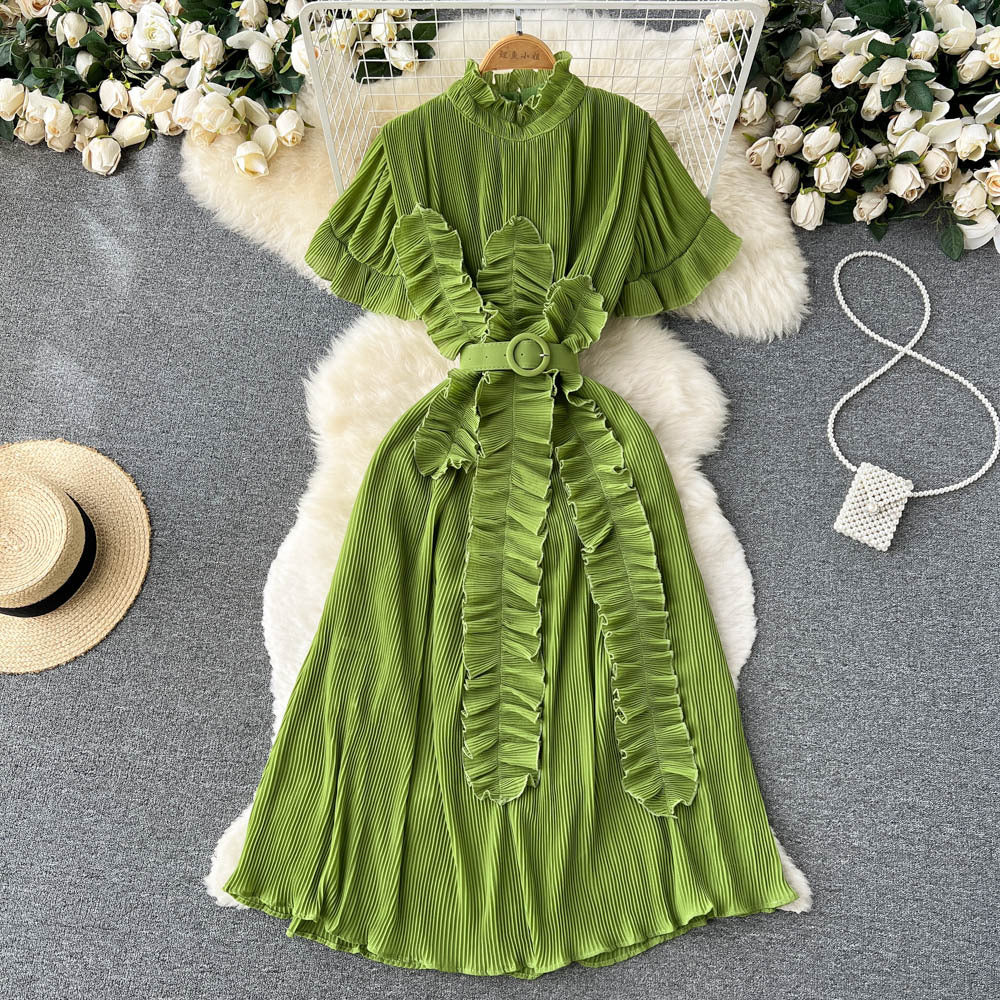 Pleated Ruffled Short Sleeves Dress Seaside Holiday Waist-slimming Long Dress