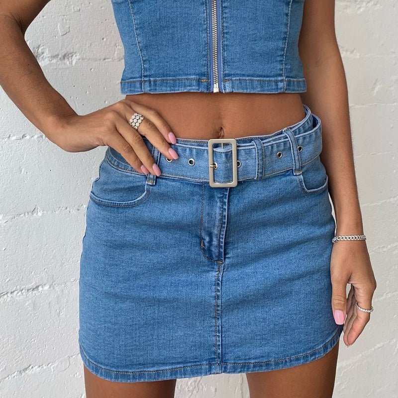 Denim Sling Zip Wrap Mini denim Tank-Top and Skirt