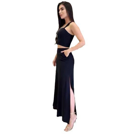 Women's Solid Color Crop-top Spaghetti-strap Top High Waist Long Skirt Sets