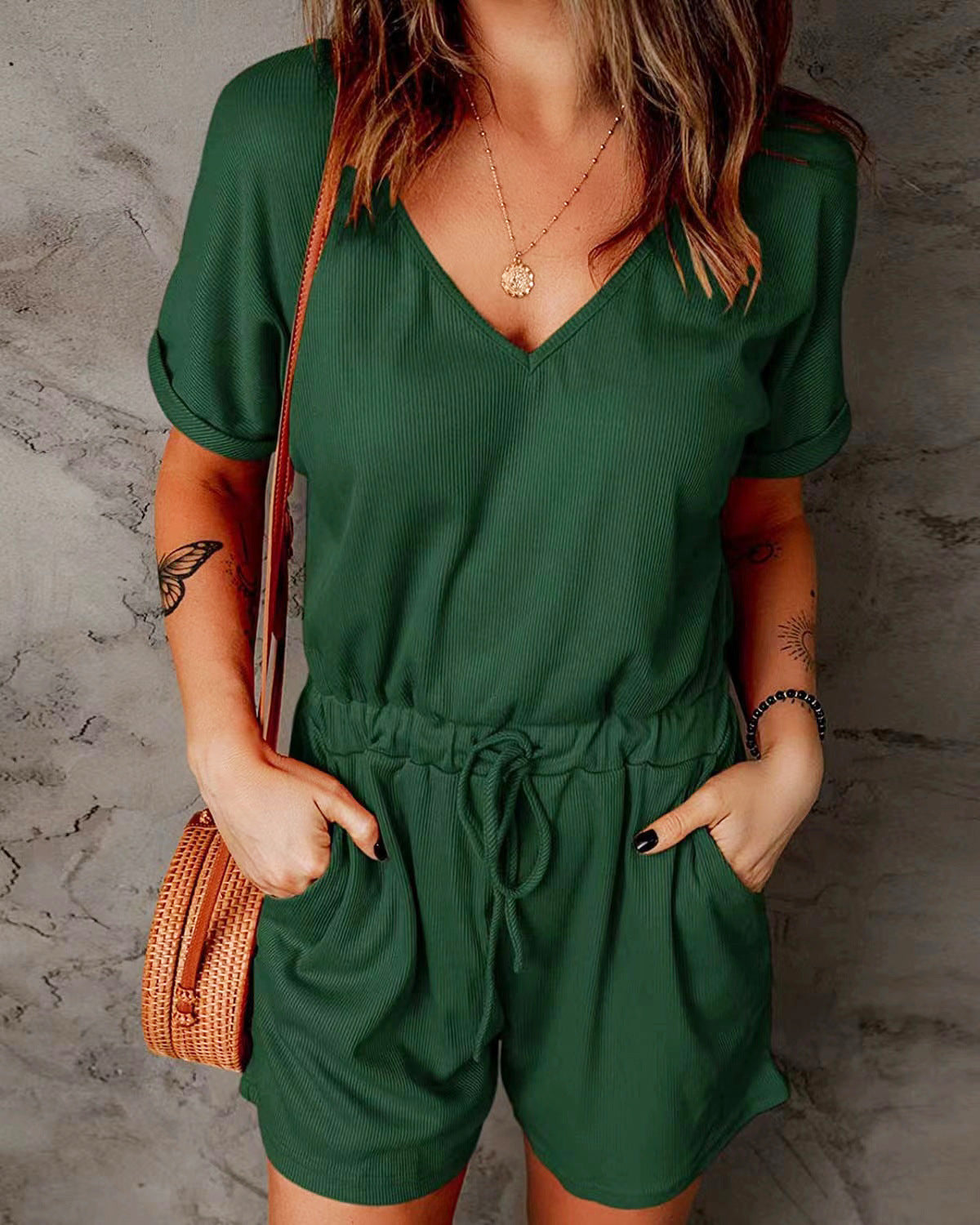 Women's Casual V-neck Cufflinks Jumpsuit