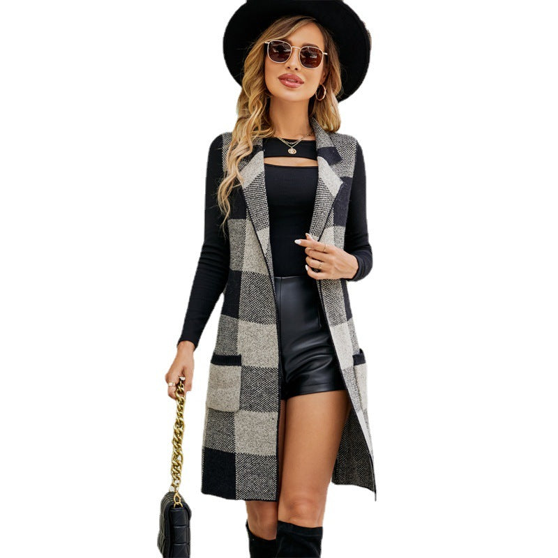 Women's Clothing Long Suit Collar Sleeveless Sweater Coat