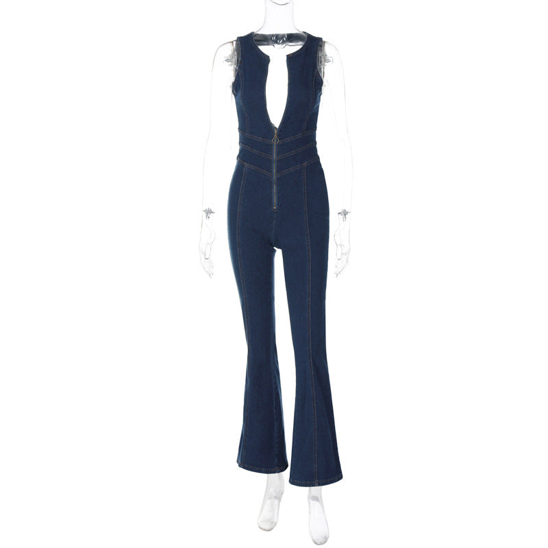 Backless Retro Style High Waist Denim Jumpsuit