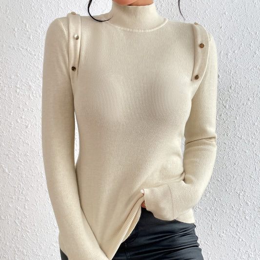 Solid Color Turtleneck Buttons Pullover Knitted Sweater