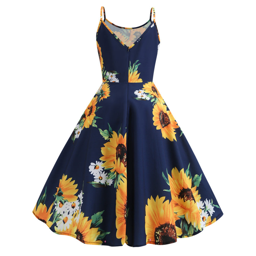 Suspender Sunflower Print Swing Dress