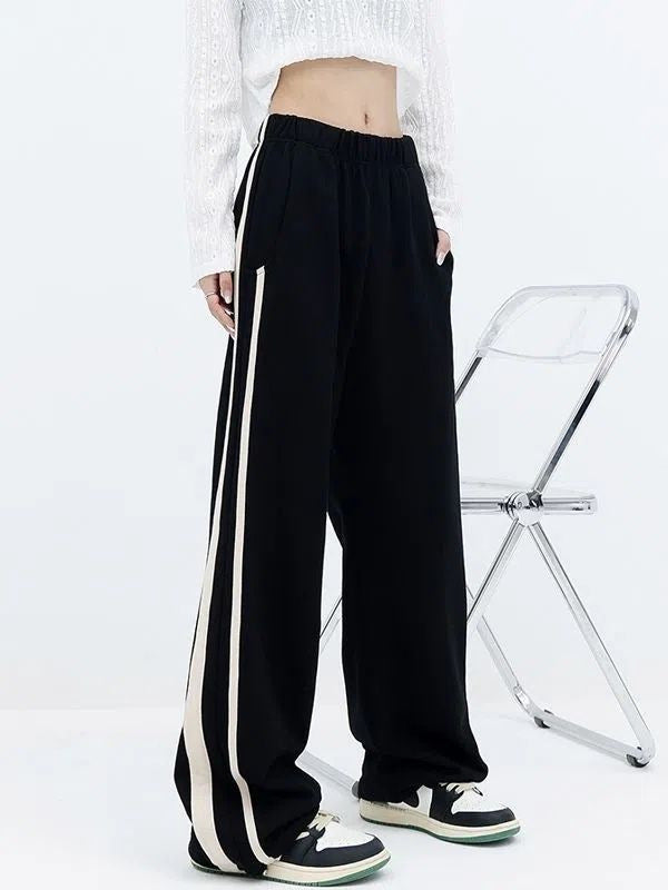 Women's Fashionable Simple Side Striped Loose High Waist Casual Pants