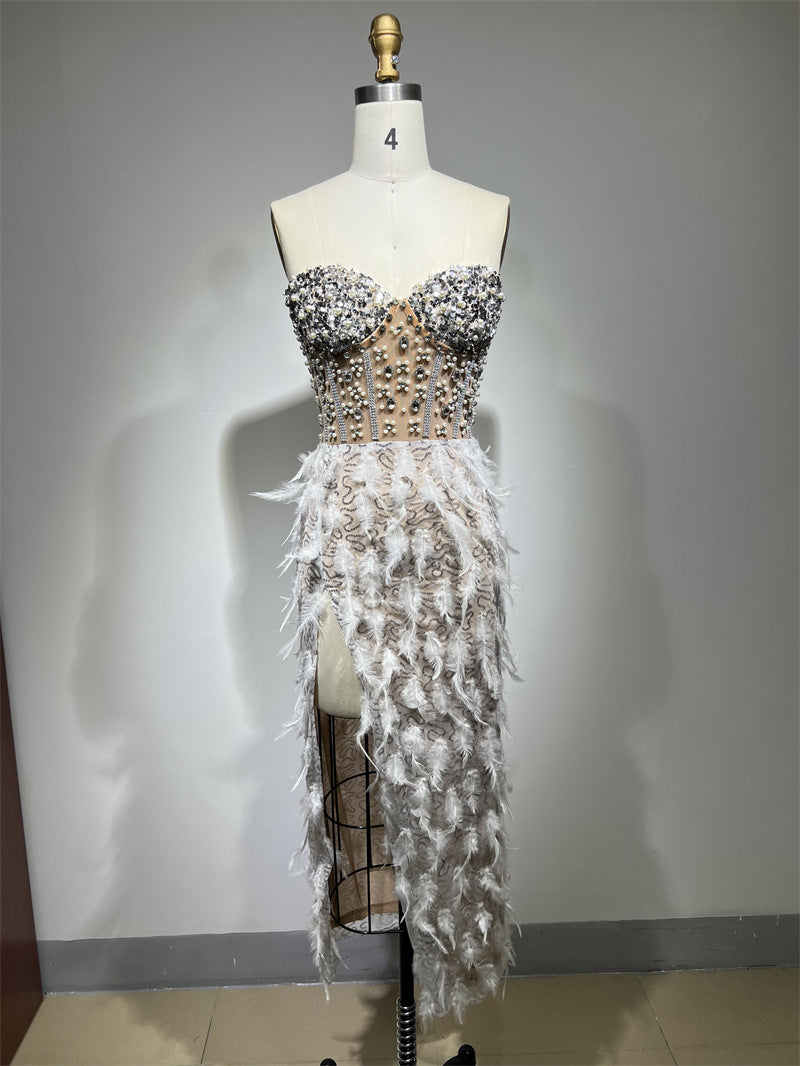 Gorgeous Feather Rhinestone Beaded See-through High Slit Tube Top Dress