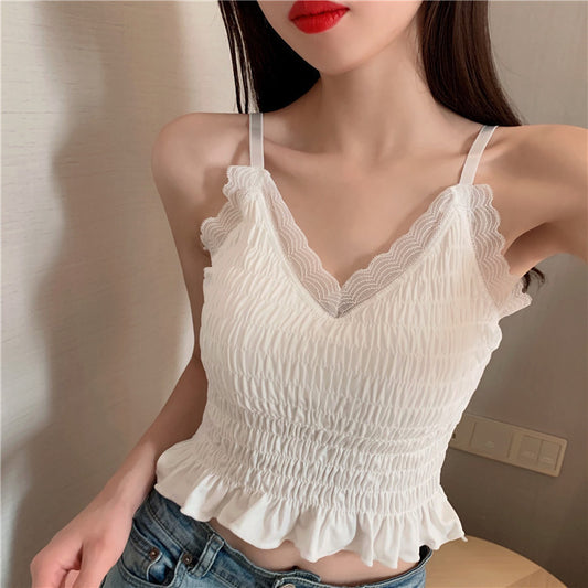 French Pleated Lace Small Sling Top