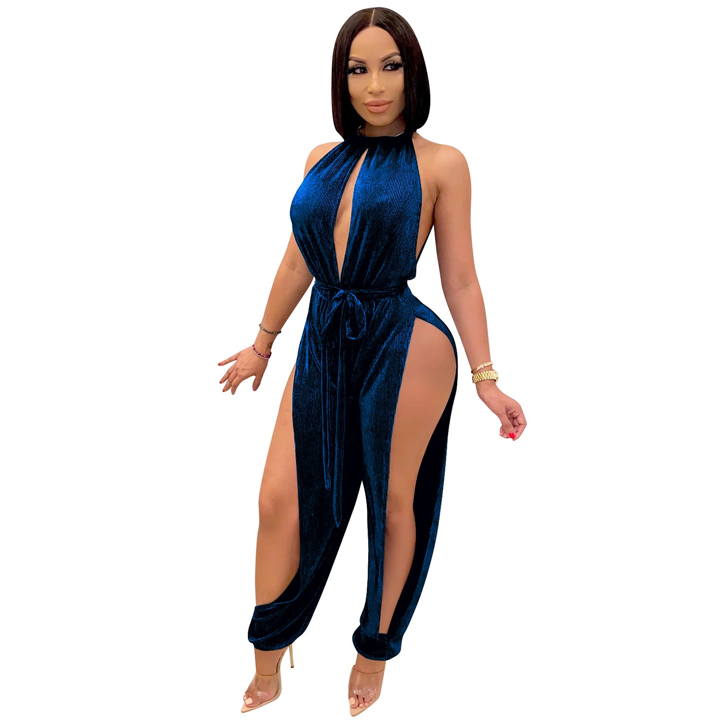 Lace-up Stretch Split Women's Jumpsuit