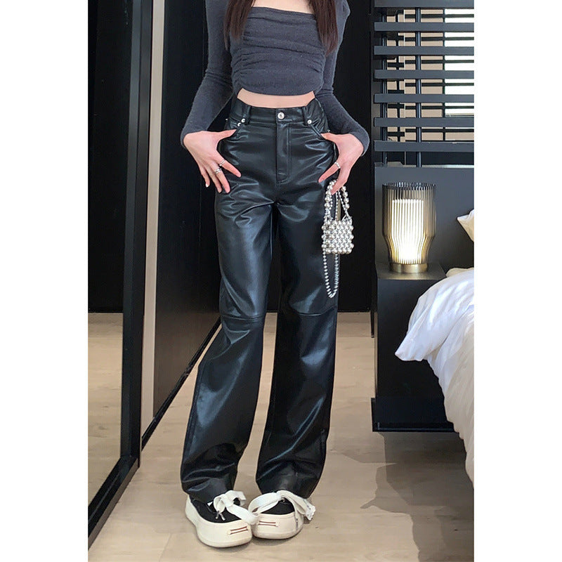 Hong Kong Style High Waist Slimming Sense Of Design Leather Trousers