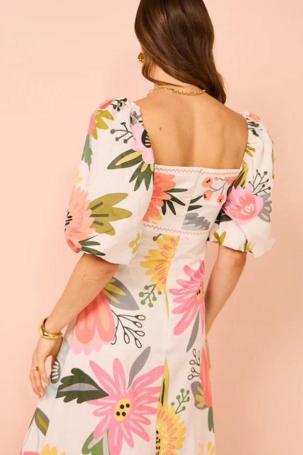 Casual Off-neck Printed Lantern Sleeve Dress