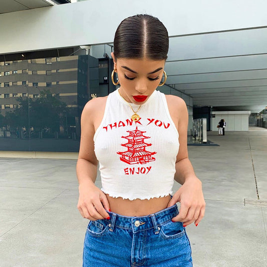 Thank You Enjoy Crane Tower crop top