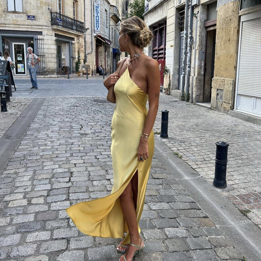 French Yellow Satin Dress High Class