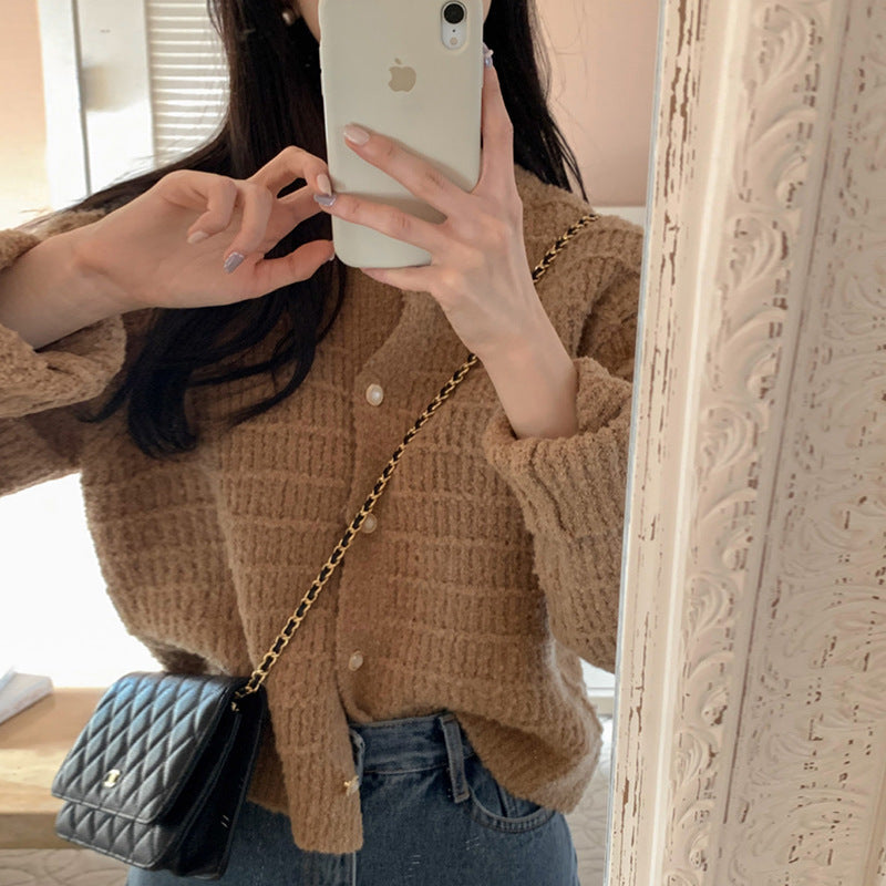 Round Neck Texture Woven Design Loose Long Sleeve Short Knitted Sweater