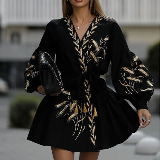 Baller Fashion Printed Wide Hem Long Sleeve Dress