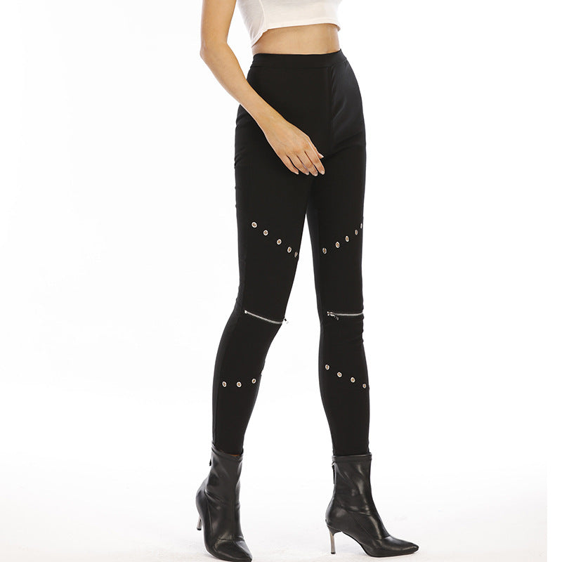 Hip Lifting Cropped Solid Color Black Zipper Vulnerability Leggings