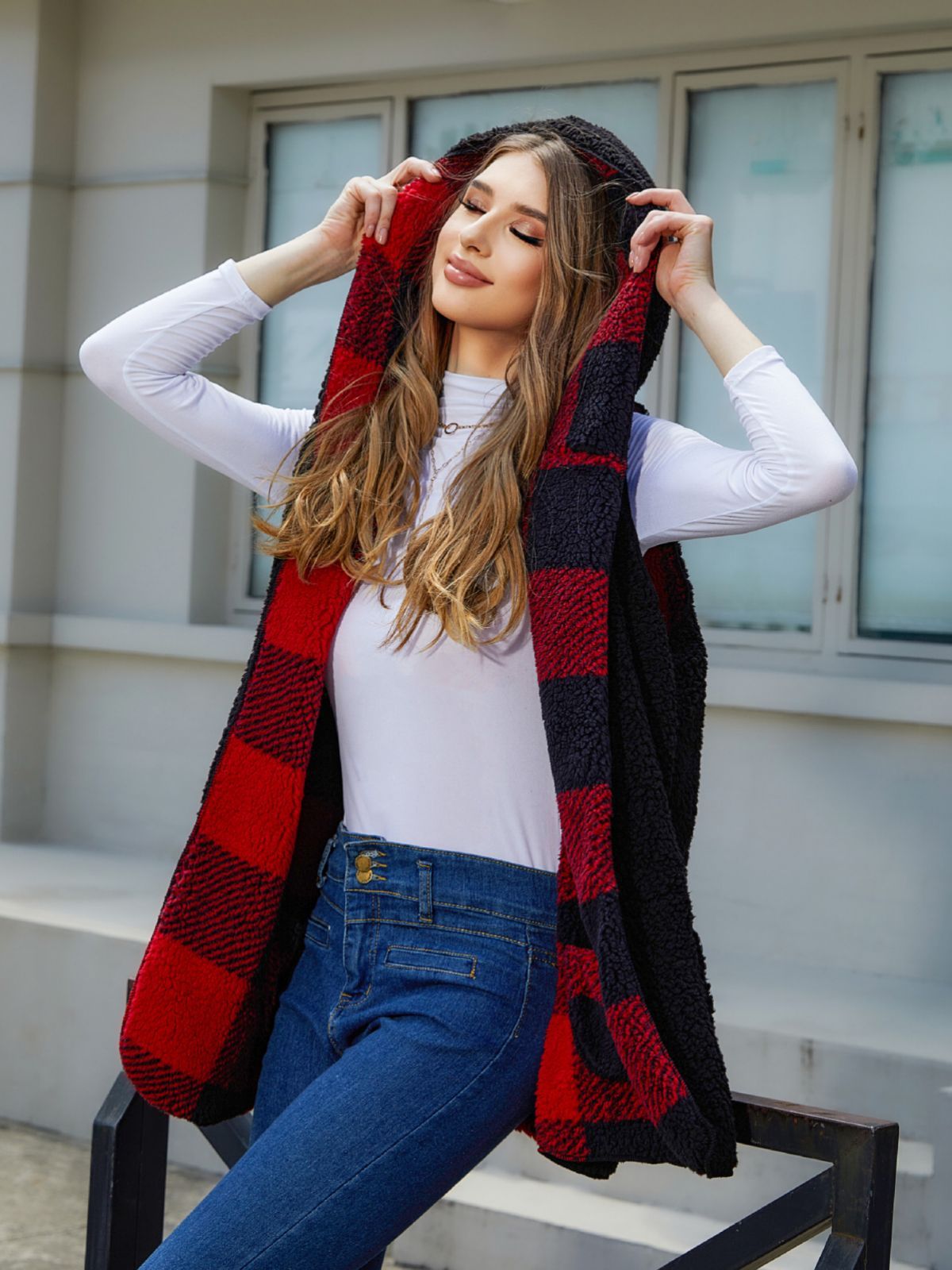 Cardigan Plaid Plush Vest Coat