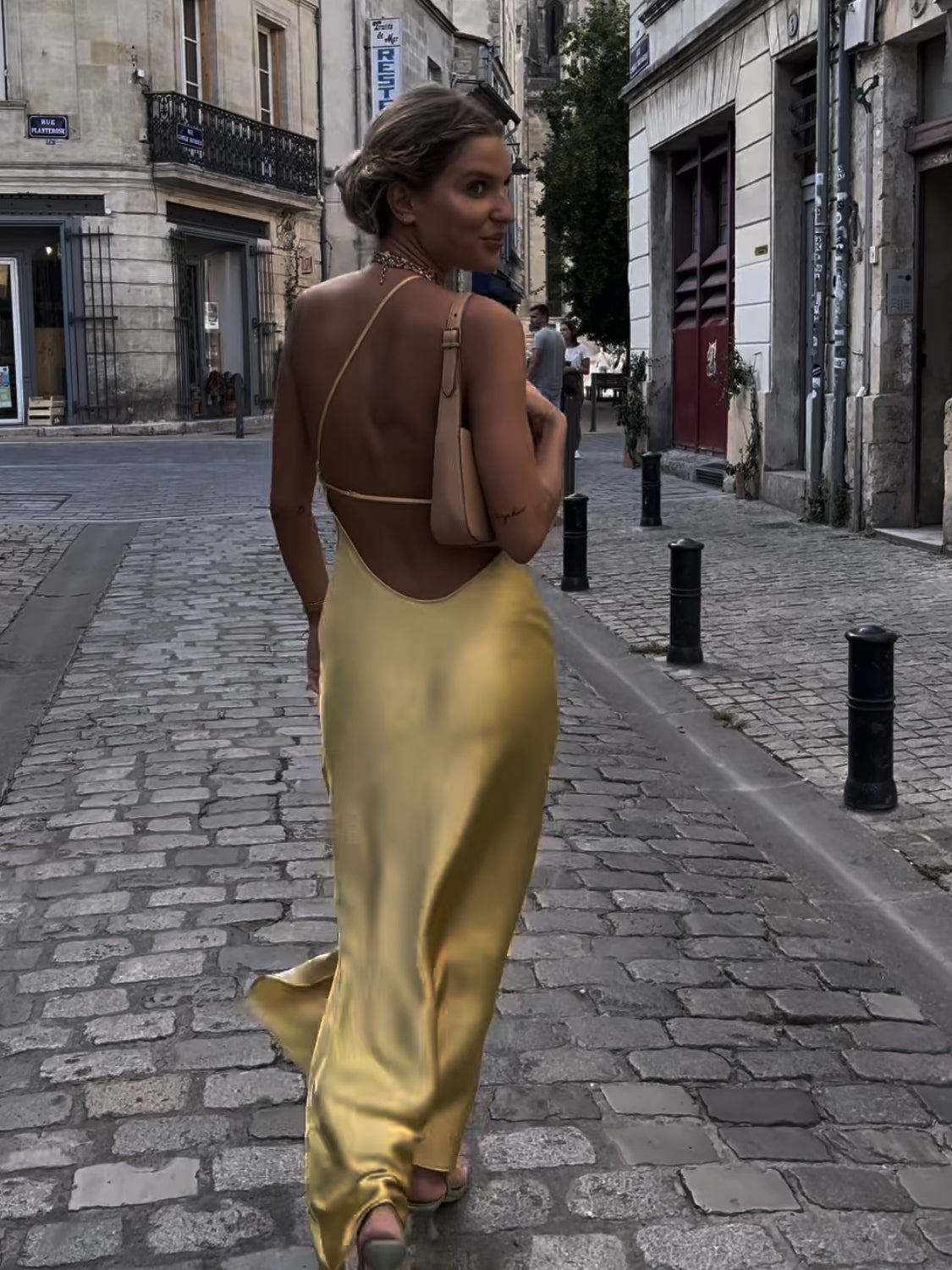 French Yellow Satin Dress High Class