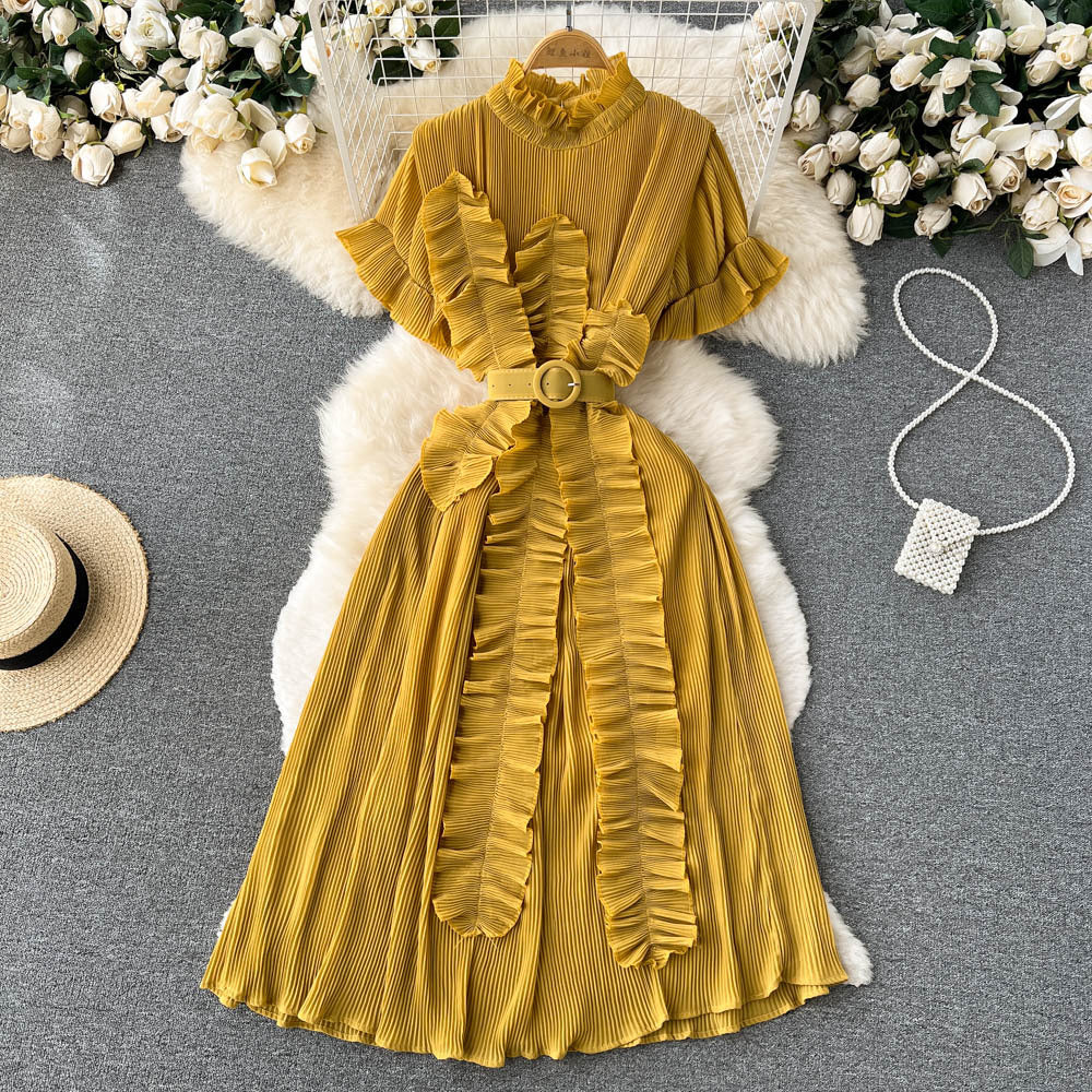 Pleated Ruffled Short Sleeves Dress Seaside Holiday Waist-slimming Long Dress