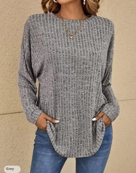 Knitted Round Neck Sunken Stripe Sweater