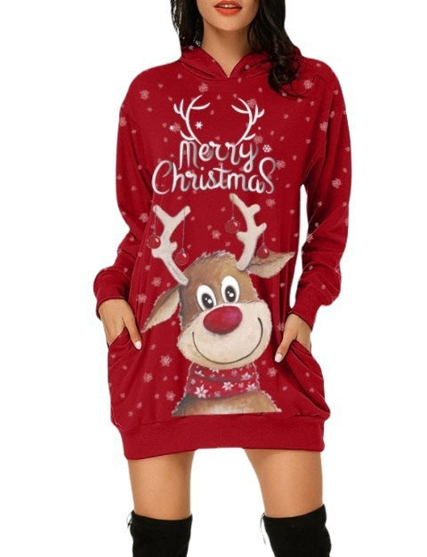 Christmas Women's Casual Elk Printing Long Sleeve Pocket Hooded Sweater Loose Dress