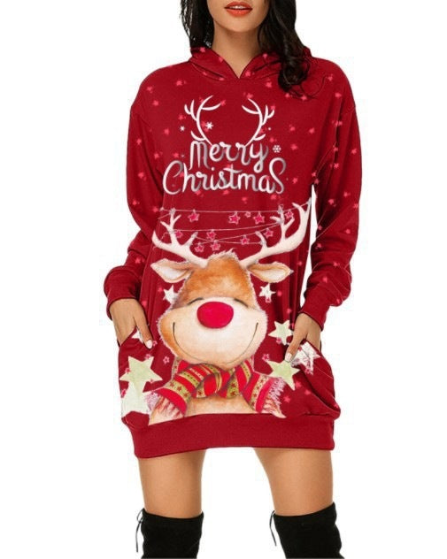 Christmas Women's Casual Elk Printing Long Sleeve Pocket Hooded Sweater Loose Dress