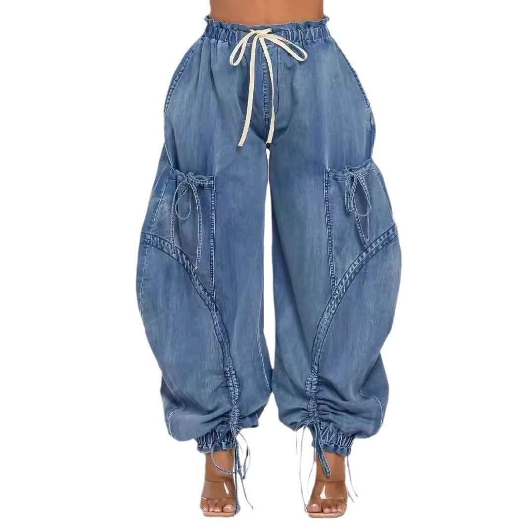 Rope Adjustable Elastic Waist Drawstring Lace-up Ankle-tied Bow Loose Jeans