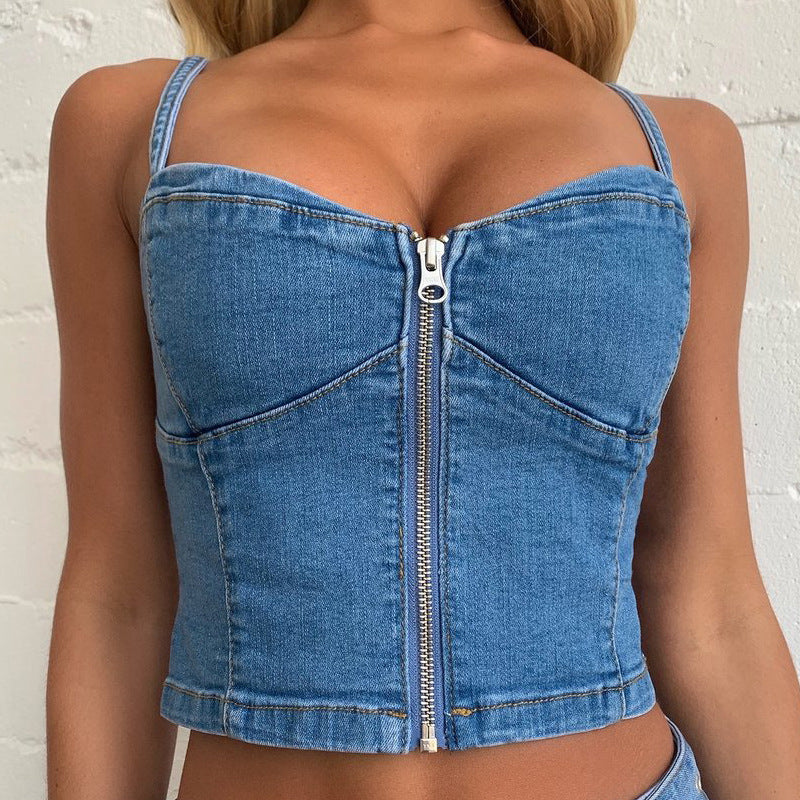 Denim Sling Zip Wrap Mini denim Tank-Top and Skirt