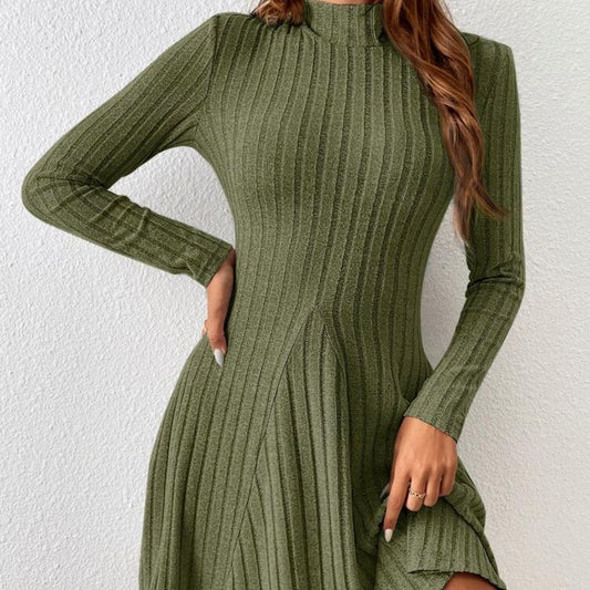 Half Turtleneck Solid Color Rib Fabric Long Sleeve Dress