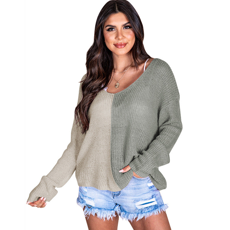 Women's Contrast Color V-neck Long-sleeved Pullover