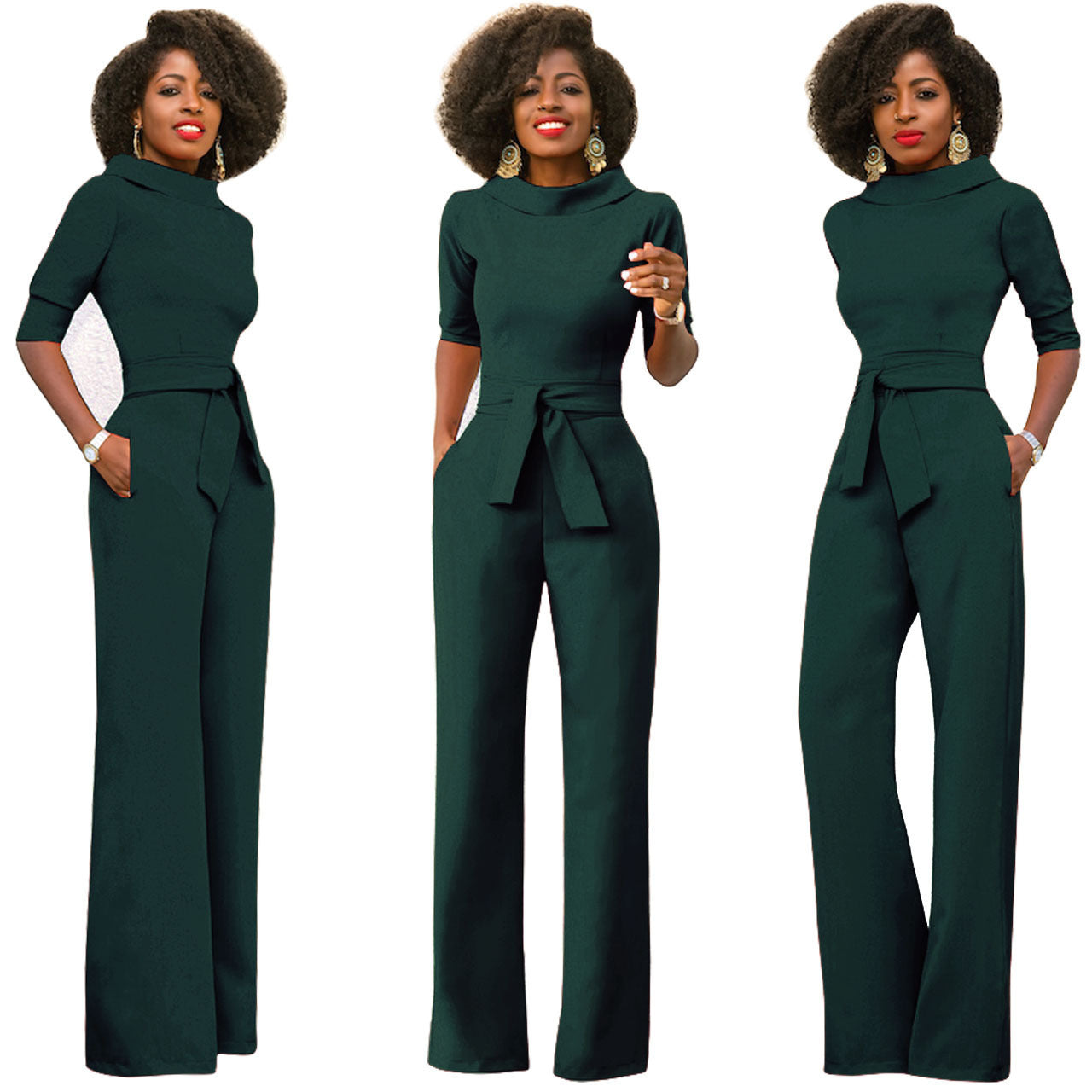 Solid Color Five Quarter Sleeve High Waist Wide Leg Jumpsuit