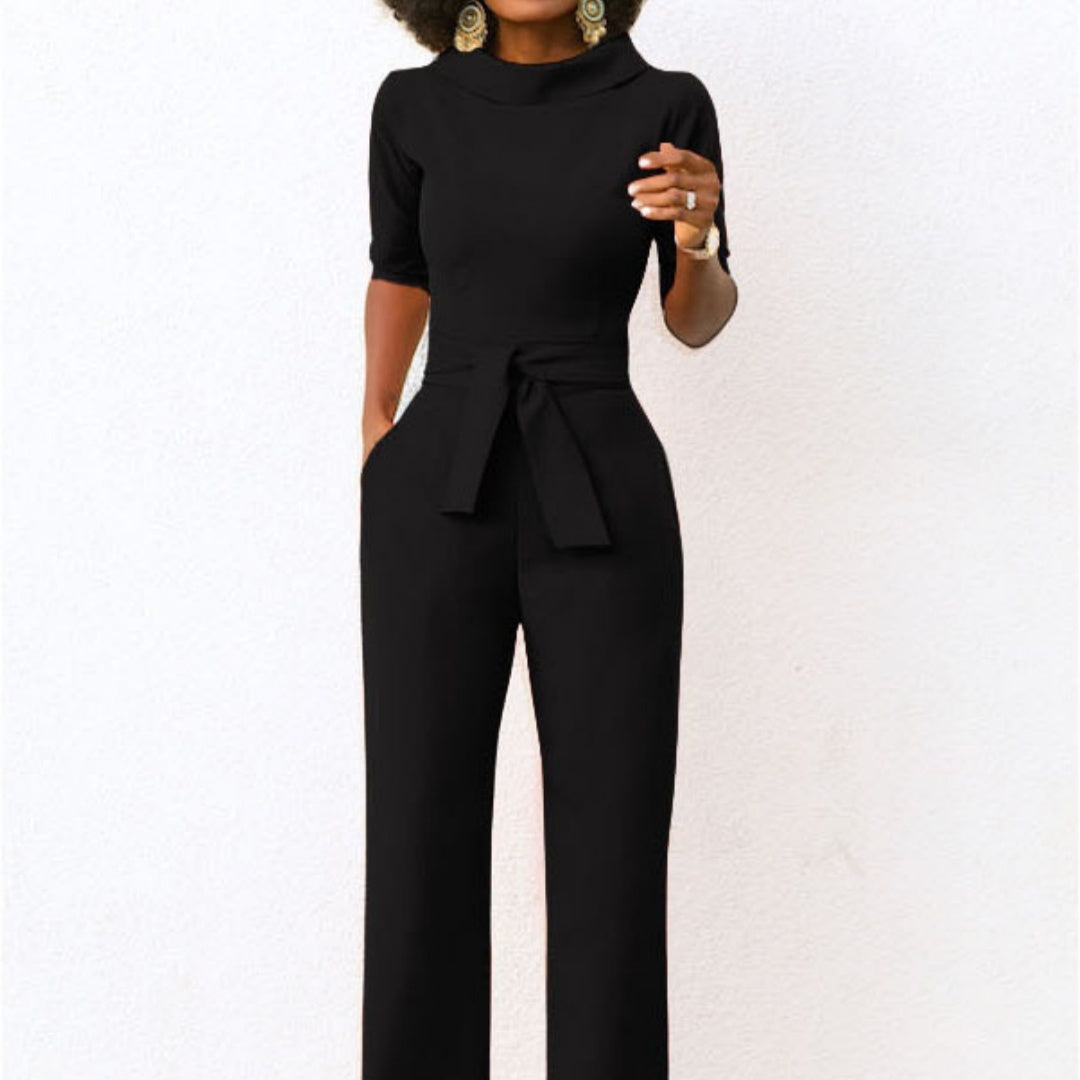 Solid Color Five Quarter Sleeve High Waist Wide Leg Jumpsuit