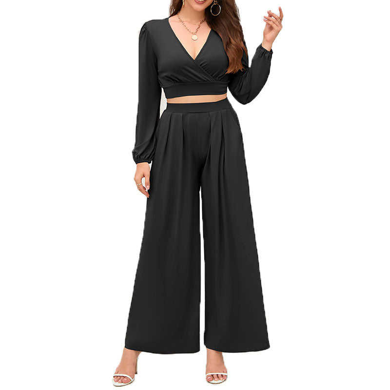 Women's V-neck Long Sleeve High Waist Loose Wide Leg Pants