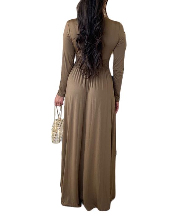 Women's Deep V Neck Long Sleeve Long Dresses Pleated High Waist Slit Club Party Evening Maxi Dress