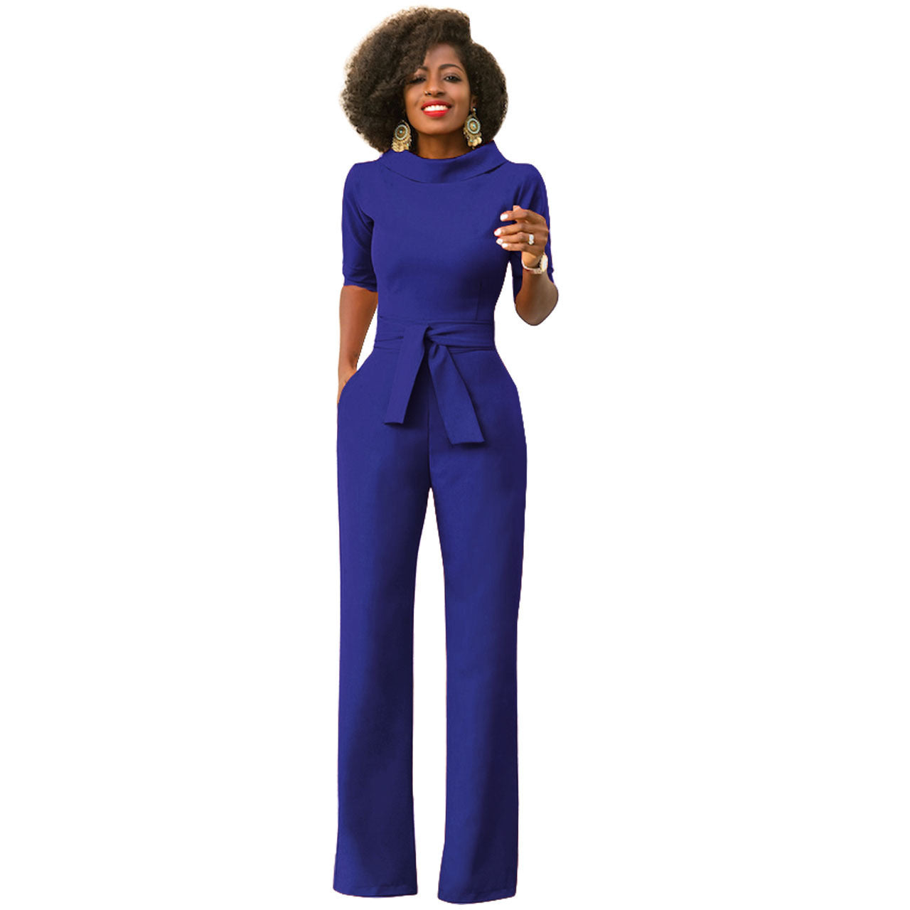 Solid Color Five Quarter Sleeve High Waist Wide Leg Jumpsuit