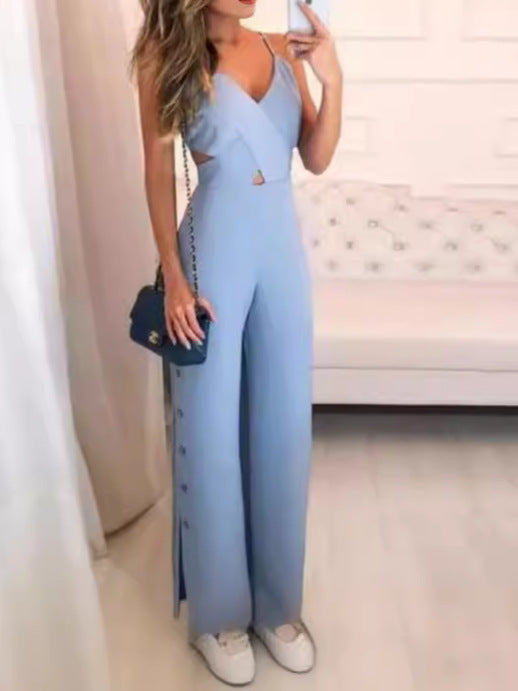 SLeeveless Hollow-out Camisole High Waist Slim Solid Color Jumpsuit