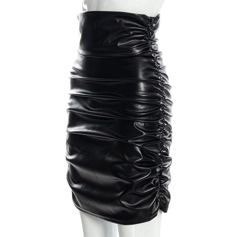 Pleated Solid Color PU leather Sheath Skirt