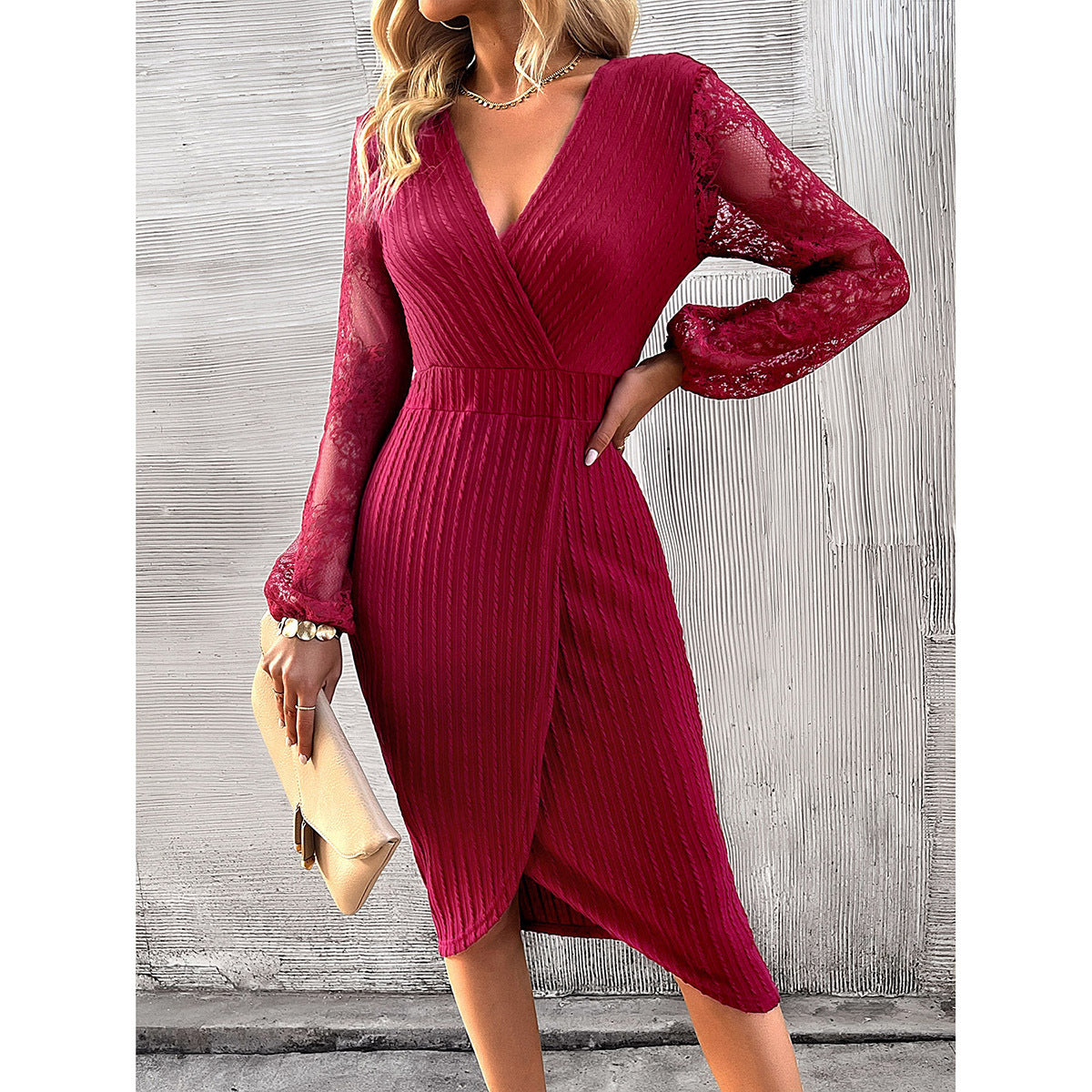 Fashion V-neck Slit Lace And Knitted Long-sleeved Dress