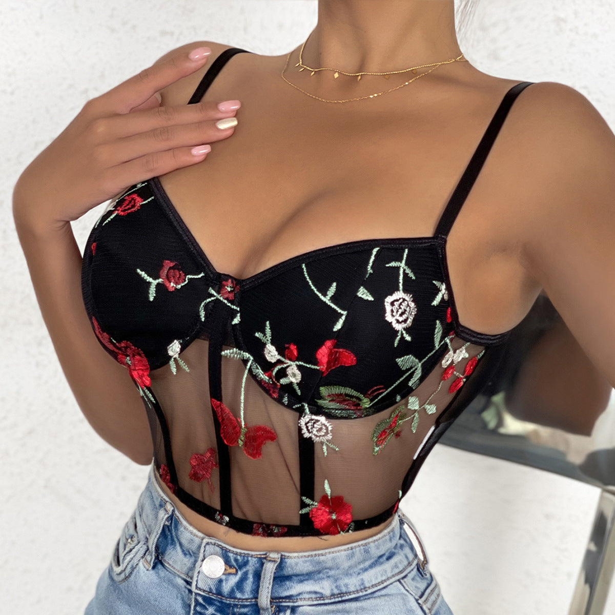 Date night Mesh Bare Midriff Slim Fit Sling Top