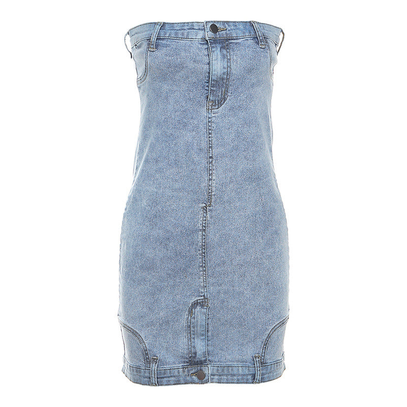 European And American Style Denim Tube Top Cinched Waist Slim And Sexy Hip Bag Dress