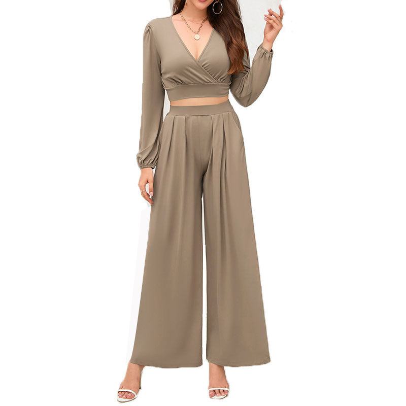 Women's V-neck Long Sleeve High Waist Loose Wide Leg Pants