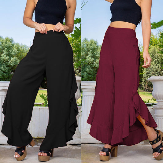 Women's Fashion Pure Color Ruffles Loose Casual Wide-leg Trousers