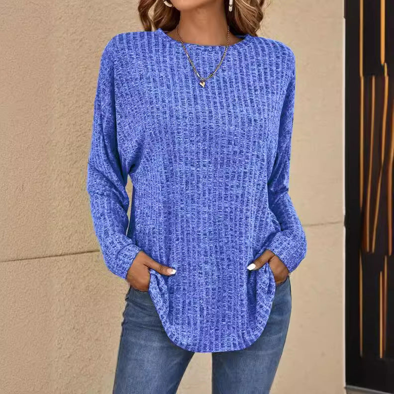 Knitted Round Neck Sunken Stripe Sweater