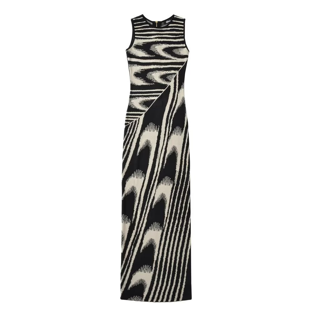 Chic Abstract Round Neck Sleeveless Knitted Maxi Dress